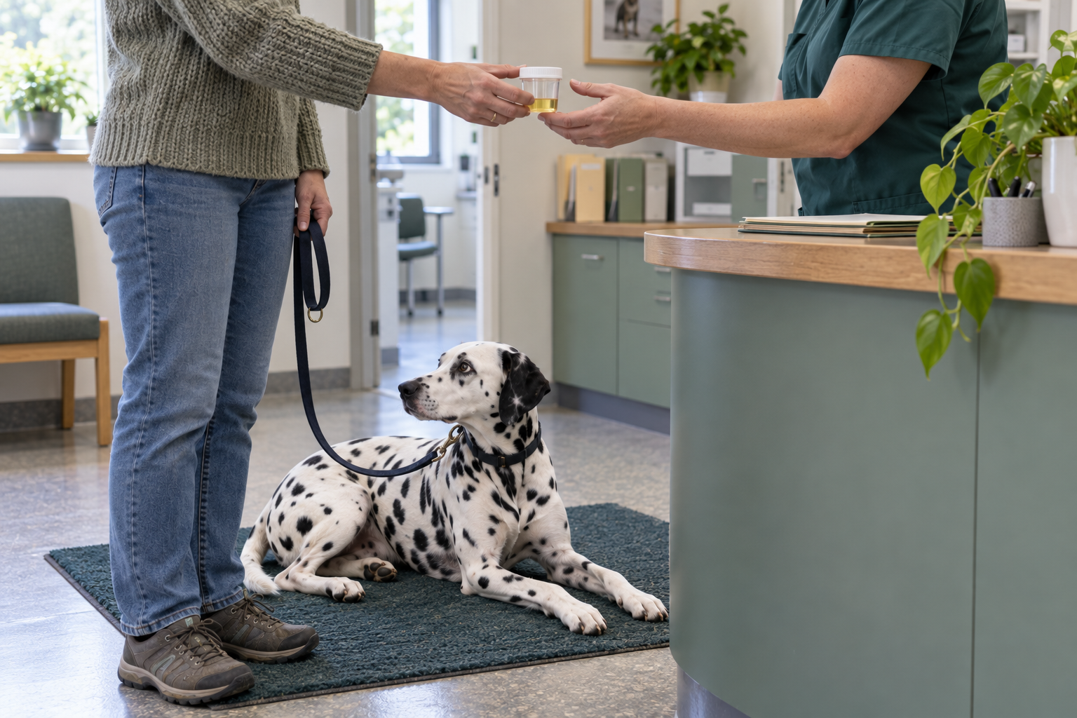 Majitelka předává veterinářce čerstvý vzorek moči své dalmatinky